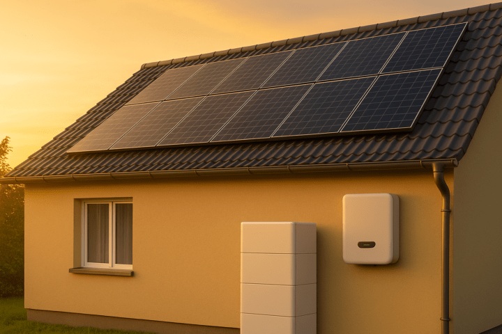 Casă cu panouri fotovoltaice și pachet baterii rezidențial vizibil, lumină caldă — stocare energie pentru locuință