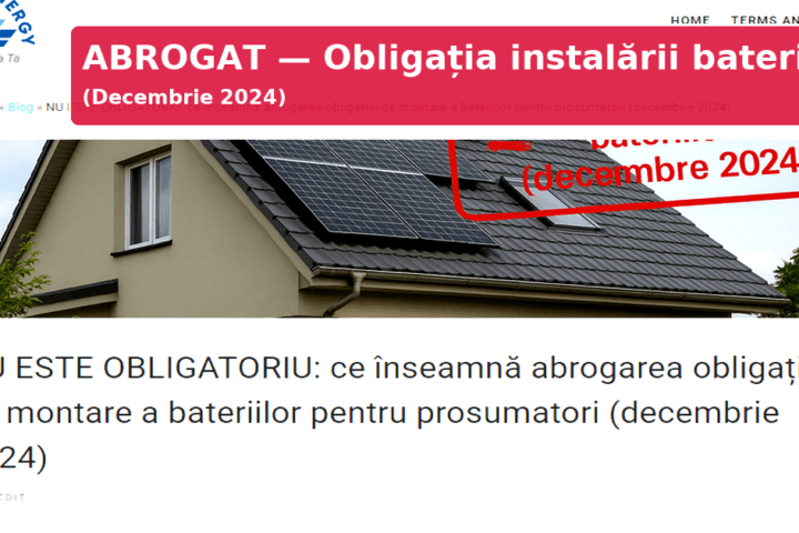Casă cu panouri fotovoltaice — abrogarea obligației instalării bateriilor (decembrie 2024)